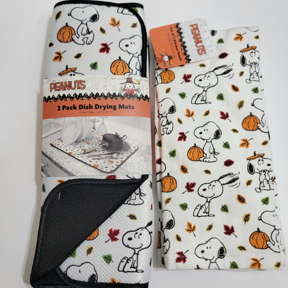 NEW Peanuts Snoopy Kitchen Set Fall Pumpkins 4pc Drying Mats and Kitchen Towels